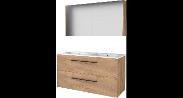 Basic Comfort 46 badmeubelset met spiegelkast, wastafelonderkast met grepen, 2 lades en porseleinen wastafel met 2 kraangaten 120 x 46 cm, whisky oak