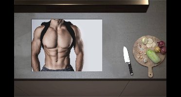 Inductieplaat Beschermer - Bodybuilder Lichaam van Man tegen Witte Achtergrond - 70x52 cm - 2 mm Dik - Inductie Beschermer - Bescherming Inductiekookplaat - Kookplaat Beschermer van Zwart Vinyl