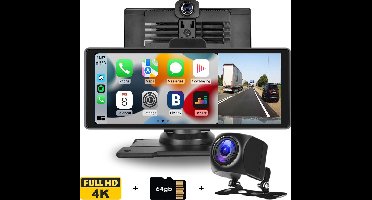 Boscer Smart FULL HD 4K Dashcam - 10.26 Inch Touchscreen - Apple Carplay & Android Auto (Draadloos) - FM Transmitter - Touchscreen - Bluetooth, SD, USB, Aux - Autoradio - AHD Achteruitrijcamera