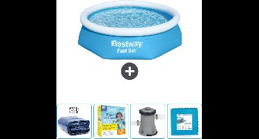 Bestway Rond Opblaasbaar Fast Set Zwembad - 244 x 61 cm - Blauw - Inclusief Solarzeil - Onderhoudspakket - Pomp - Vloertegels