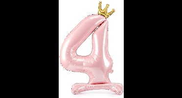 Partydeco - Staande folieballon Cijfer 4 Licht roze met kroon 84 cm