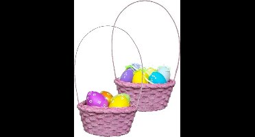 Kaemingk Rieten mandje met hengsel - 2x - roze - D20 x H38 cm - paasmandje