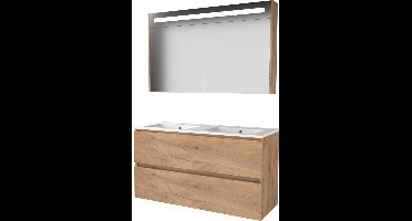 Basic Premium 46 badmeubelset met spiegelkast met geïntegreerde LED verlichting, greeploze wastafelonderkast, 2 lades en porseleinen wastafel met 2
