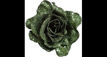Groene roos met glitters op clip 10 cm - kerstversiering