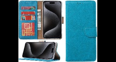 Hoesje Geschikt voor iPhone 15 Pro – portemonnee bookcase met pasjeshouder – Blauw