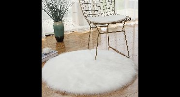 90 x 90 Rond tapijt van schapenvacht van imitatiebont, antislip luxe hoogpolig wit nachtkastje voor slaapkamers, machinewasbaar, pluizig dik tapijt, vloerkleden