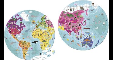 Janod - Puzzel De Wereld (Dubbelzijdig!) - In Puzzelkoffer - 208 Stukjes - Geschikt Vanaf 6 Jaar