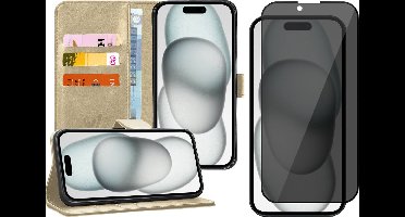 Hoesje geschikt voor iPhone 15 - Privacy Screen Protector FullGuard - Book Case Kunstleer Pasjeshouder Goud & Screenprotector