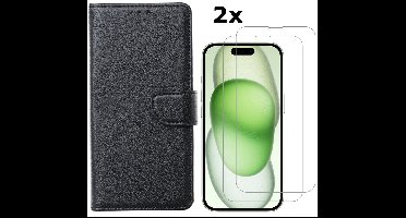 Hoesje Geschikt voor iPhone 15 hoesje bookcase met 2x screenprotector – Zwart