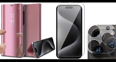 Hoesje geschikt voor iPhone 15 Pro - Screenprotector GlassGuard & Camera Lens Screen Protector - Book Case Spiegel Roségoud