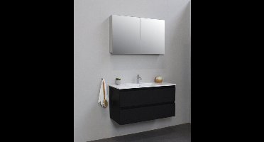 Basic Bella Badkamermeubelset - 100x55x46cm - 1 wasbak - Keramiek - Wit - 1 kraangat - Spiegelkast zonder verlichting - Melamine Zwart mat