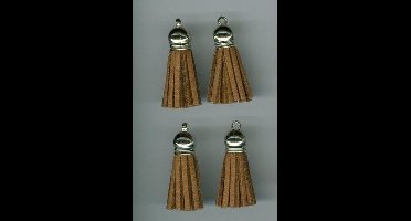 Tassel with cap, faux suede, light brown/ silver, 3 cm, 4 pcs