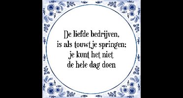 Tegeltje met Spreuk (Tegeltjeswijsheid): De liefde bedrijven, is als touwtje springen; je kunt het niet de hele dag doen + Kado verpakking & Plakhanger