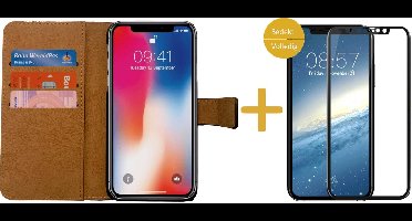 Hoesje Kunstlederen Bookcase geschikt voor Apple iPhone Xs / X + Screenprotector Volledig Dekkend - Portemonnee Wallet Zwart van iCall