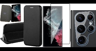 Hoesje geschikt voor Samsung Galaxy S22 Ultra - Book Case Kunstlederen Wallet Cover Minimalistisch Pasjeshouder Hoes Zwart - PET Glasfolie Screenprotector - Camera Lens Tempered Glass Protector