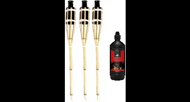 3x stuks bamboe tuinfakkels met oliehouder van 60 cm - Inclusief 1 liter lampenolie/fakkelolie