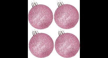 4x stuks kunststof glitter kerstballen roze 10 cm - Onbreekbare plastic kerstballen