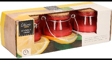 Decoris Citronella kaars - 3x - in rood glazen potje - 8 branduren - citrusgeur