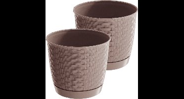 2x stuks ronde gevlochten plantenpotten/bloempotten kunststof dia 14.5 cm en hoogte 12.5 cm in het taupe