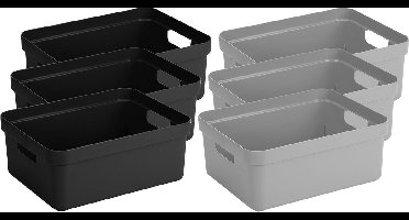 Set van 6x stuks opbergboxen/opbergmanden 24 liter kunststof zwart en grijs - Formaat per box: 45,3 x 35,4 x 18,3 cm