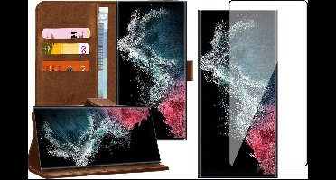 Hoesje geschikt voor Samsung Galaxy S22 Ultra - Book Case Kunstleer Wallet Cover Portemonnee Pasjeshouder Hoes Bruin - PET Glasfolie Screenprotector