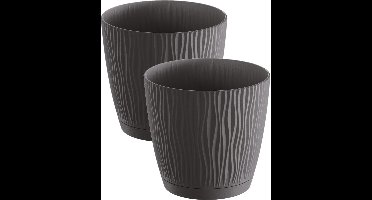 Prosperplast Plantenpot/bloempot Waves - 2x stuks - kunststof - antraciet - D24 x H23 cm - binnen/buiten - met opvangschaal