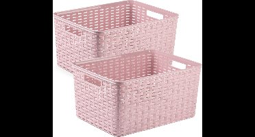 2x stuks rotan gevlochten opbergmand/opbergbox kunststof - Oud roze - 38 x 28 x 19 cm - Kast mandjes
