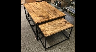 SENSE INDUSTRIËLE SALONTAFEL S/3 ZWART - TAFEL MUMBAI - SET VAN 3 - SALONTAFELSET 3 DELIG - HOUTEN KOFFIE TAFEL - MANGOHOUT
