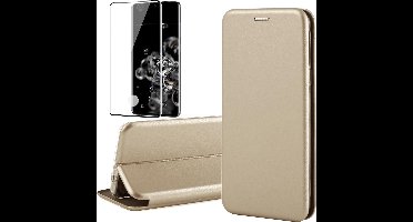 Hoesje geschikt voor Samsung Galaxy S20 Ultra - Screen Protector FullGuard - Book Case Kunstleer ThinShield Goud & Screenprotector