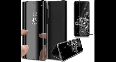 Hoesje geschikt voor Samsung Galaxy S20 Ultra - Screen Protector GlassGuard - Book Case Spiegel Zwart & Screenprotector