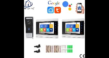 WIFI videofoon/intercom met 1 deurbel camera + 2 binnen paneel/schermen en kan werken met spraak gestuurde apps. T-2101-1-2.