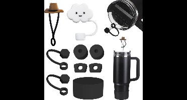 Accessoireset voor stanley cup, bevat 6 lekvrije siliconen doppen, 2 stuks rietjes, 1 siliconen hoes voor Stanley Cup 1,2 l en 850 ml cups, cups niet inbegrepen (zwart)