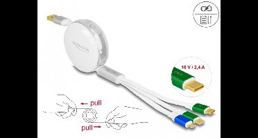 Delock USB 3 in 1 Retractable Charging Cable Type-A to Micro USB / 2 x USB Type-C™ with Fast Charging white