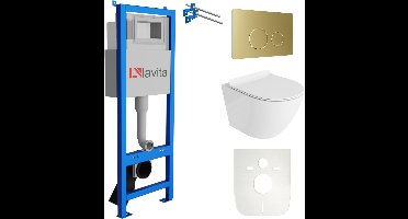 LAVITA® Inbouwreservoir Complete Toiletset LAV 101 - Inbouw WC Hangtoilet Wandcloset SOFI SLIM Wit Hoogglans - Bedieningsplaat 200.4.5 Gouden - Voorwandelement voor toilet 40cm - Installatiesysteem