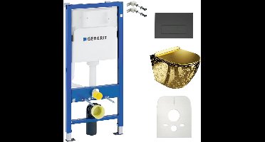 Inbouwreservoir Complete Toiletset Geberit Duofix Basic - Inbouw WC Hangtoilet Wandcloset SOFI SLIM GOLDEN EYE Gouden - Bedieningsplaat DELTA Zwart - Voorwandelement - Installatiesysteem