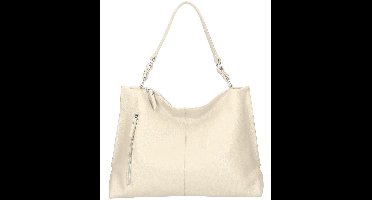 Beige Leren Schoudertas Zilveren Rits - Ruime Leer Schoudertassen - Ruim Hoofdvak - Extra Lang leren Hengsel - Beige