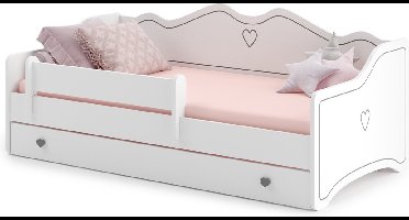 Kinderbed 160x80cm - Met Matras, Lade & Valbeugel - Grijs/Wit - Houten Frame