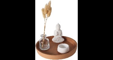 Boltze - Tray - 5 delig - Cadeaupakket - Decoratie set - Zand/Wit - Buddha, theelicht, flesje, dienblad