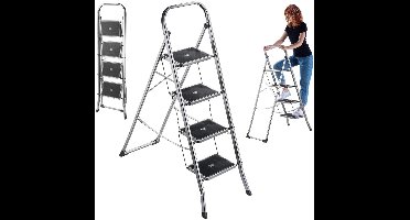 ApexArte® Huishoudtrap 4 Treden - Keukentrap - Inklapbaar - Antislip - Extra Stevig - Zilver met Zwart