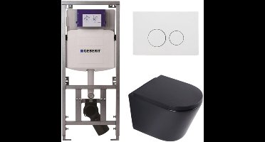 QeramiQ Dely Toiletset - 36.3x51.7cm - diepspoel - rimless - Geberit UP320 inbouwreservoir - softclose toilet zitting 35 mm - mat witte bedieningsplaat - ronde knoppen - mat zwart