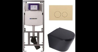 QeramiQ Dely Toiletset - 36.3x51.7cm - diepspoel - rimless - Geberit UP320 inbouwreservoir - softclose toilet zitting 35 mm - bedieningsplaat beige - ronde knoppen - mat zwart