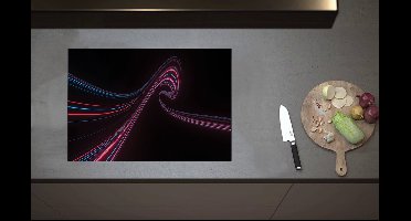 Inductieplaat Beschermer - Golvenede Blauwe en Rode Lijnen tegen Zwarte Achtergrond - 70x52 cm - 2 mm Dik - Inductie Beschermer van Vinyl
