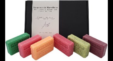 Savon de Marseille cadeau zeep set Fruit de la passion, Meloen, Menthe, Mojito, Vigne rouge, Casis 6x125 gr.