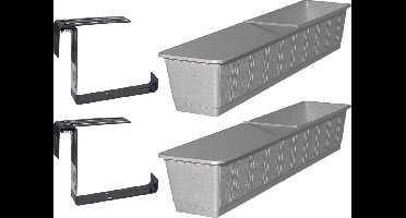 Set van 3 kunststof plantenbakken grijs rechthoekig 80 cm met 6 verstelbare railing beugels