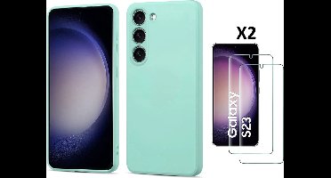 Hoesje Geschikt Voor Samsung Galaxy S23 Hoesje siliconen Mint Groen zacht siliconen hoesje TPU backcover - Met Screenprotector - 2 stuks