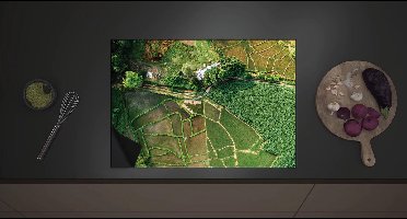 Inductieplaat Beschermer - Bovenaanzicht van een Landschap Gevuld met Rijstvelden - 70x52 cm - 2 mm Dik - Inductie Beschermer met zwarte kern