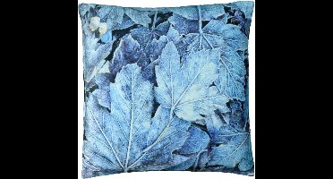 Kussens gevuld - Unique Living - Bladeren print - Achterkant effen donker blauw - 45x45 cm