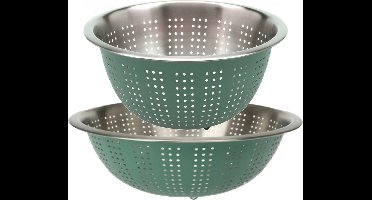 Excellent Houseware RVS keuken vergiet/zeef - set met 2 formaten - groen - Diameter 24 en 27 cm