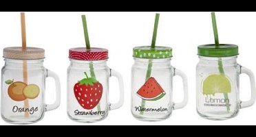 Cosy & Trendy - bokaal - set van 4 - glazen limonade bekers met deksels en rietjes - inhoud 450ml -  fruitprint orange lemon strawberry watermelon