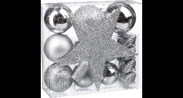 Kerstballenset 18 delig met kerstster zilver - 18 stuks - Kerstbal - Kerstster - Kerstversiering - Zilver